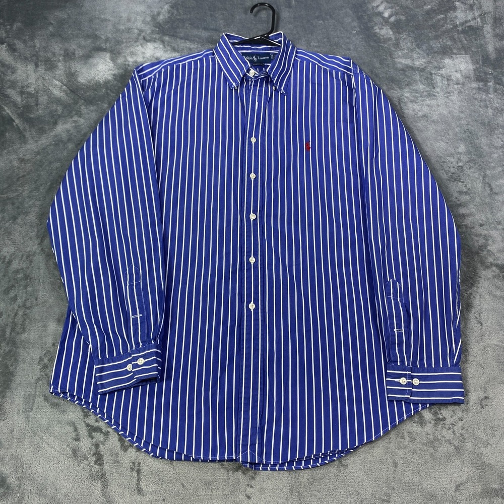 Vintage Polo Ralph Lauren Shirt Mens XL 17 Blue Striped Classic Fit Button Pony